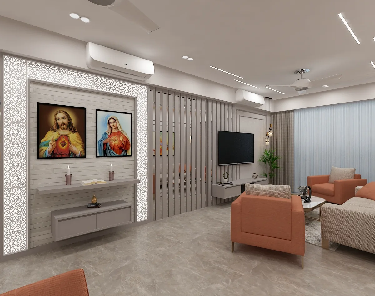Modern living room with prayer area, warm lighting, and neutral tones designed by SK Design Studio