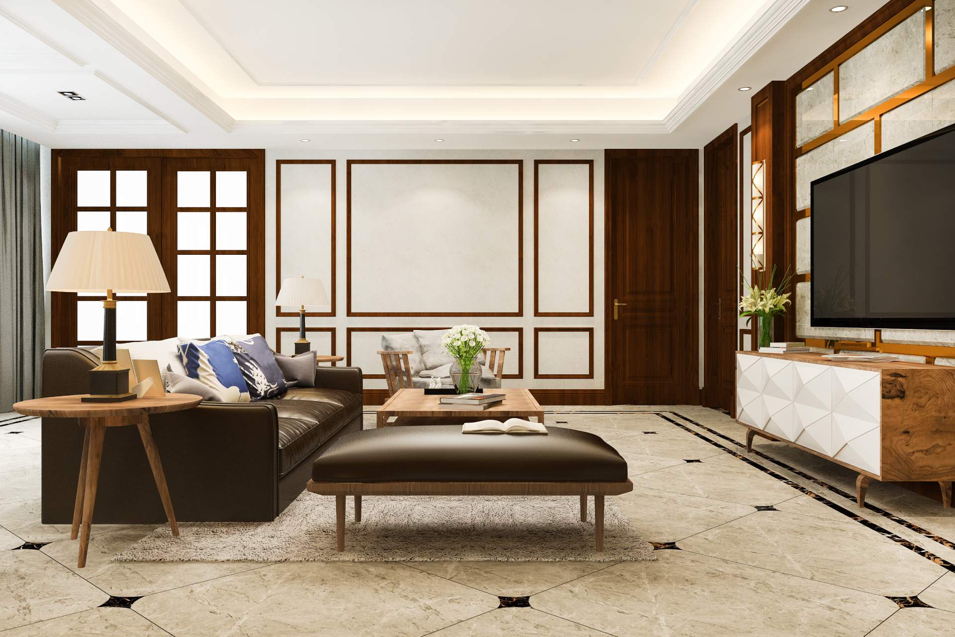 A modern living room design with earthy wood finishes, soft lighting, and a warm, minimalist aesthetic.